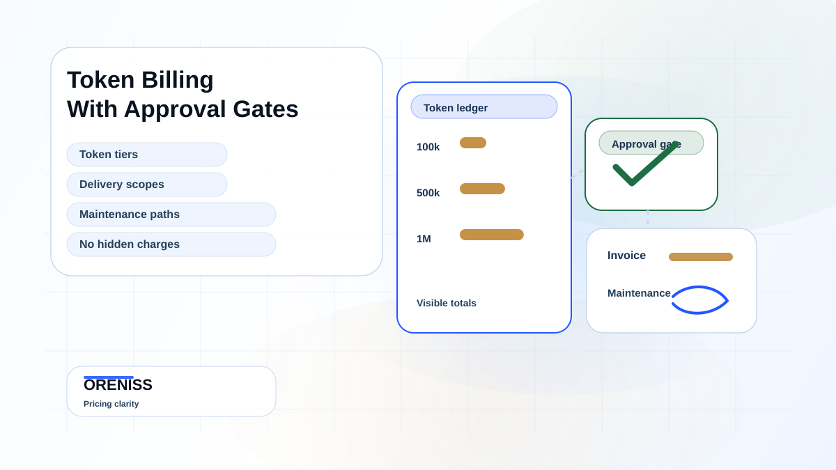 Oreniss token billing visual with visible tiers, approval gate, invoice, and maintenance panels.